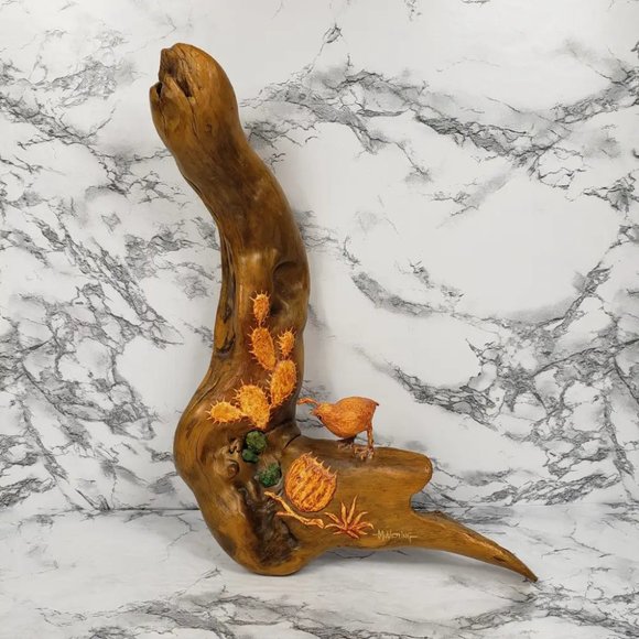 Handmade Driftwood Quail Desert Cactus Turquoise Wall Art Vintage - Picture 1 of 9